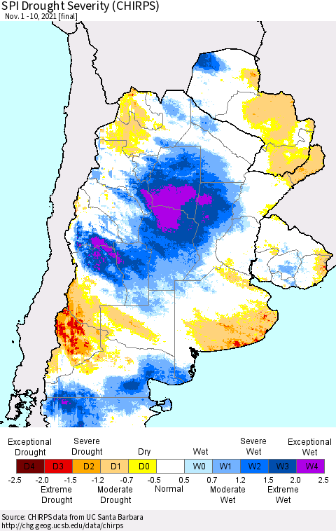 Southern South America SPI Drought Severity (CHIRPS) Thematic Map For 11/1/2021 - 11/10/2021