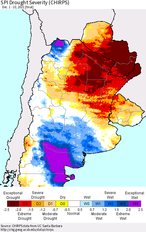 Southern South America SPI Drought Severity (CHIRPS) Thematic Map For 12/1/2021 - 12/10/2021