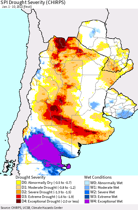 Southern South America SPI Drought Severity (CHIRPS) Thematic Map For 1/1/2022 - 1/10/2022