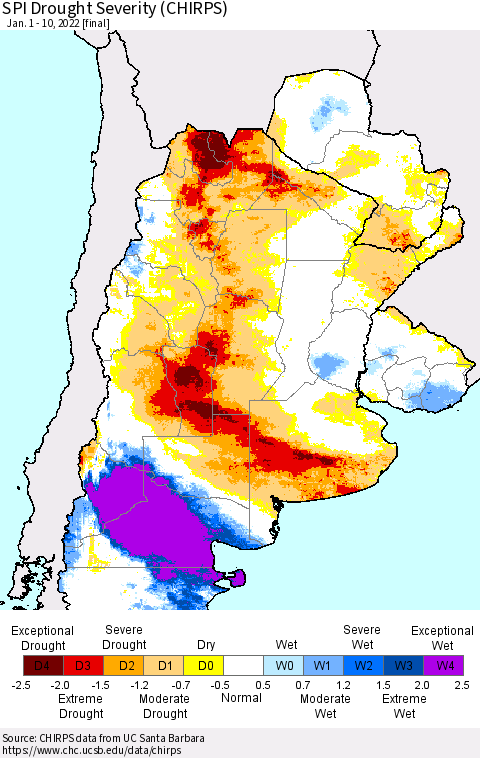 Southern South America SPI Drought Severity (CHIRPS) Thematic Map For 1/1/2022 - 1/10/2022
