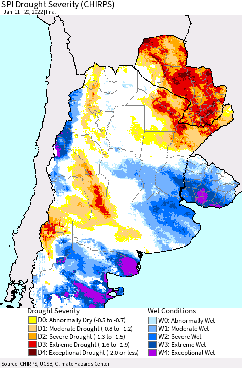 Southern South America SPI Drought Severity (CHIRPS) Thematic Map For 1/11/2022 - 1/20/2022