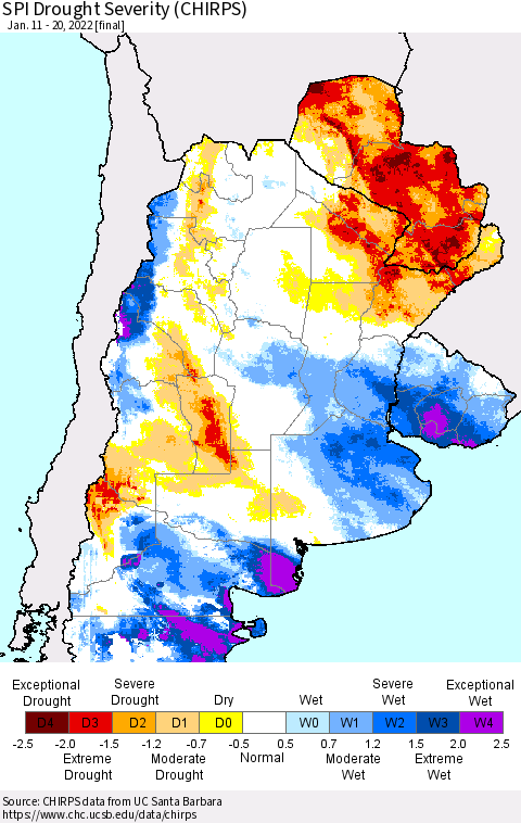Southern South America SPI Drought Severity (CHIRPS) Thematic Map For 1/11/2022 - 1/20/2022