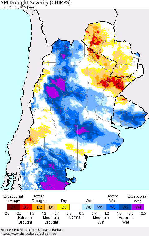 Southern South America SPI Drought Severity (CHIRPS) Thematic Map For 1/21/2022 - 1/31/2022