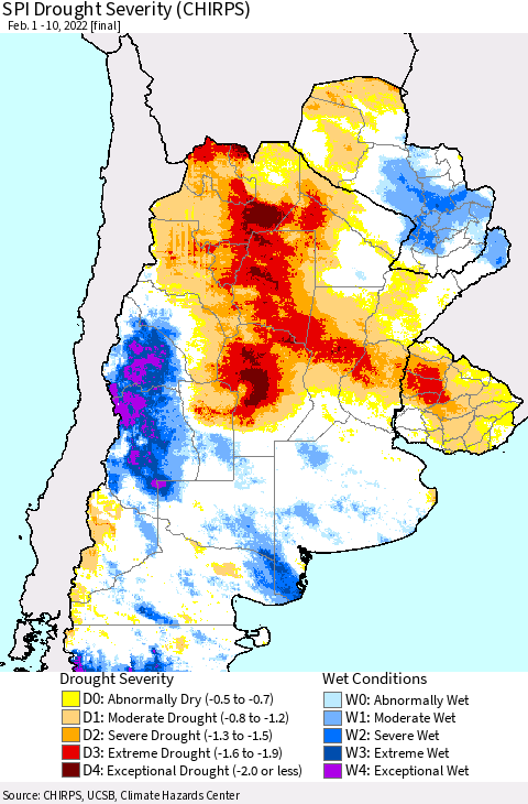Southern South America SPI Drought Severity (CHIRPS) Thematic Map For 2/1/2022 - 2/10/2022