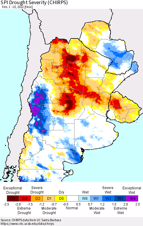 Southern South America SPI Drought Severity (CHIRPS) Thematic Map For 2/1/2022 - 2/10/2022
