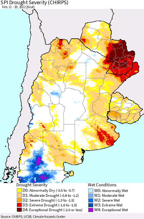 Southern South America SPI Drought Severity (CHIRPS) Thematic Map For 2/11/2022 - 2/20/2022