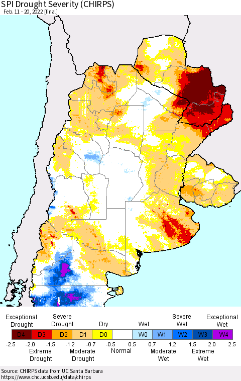 Southern South America SPI Drought Severity (CHIRPS) Thematic Map For 2/11/2022 - 2/20/2022