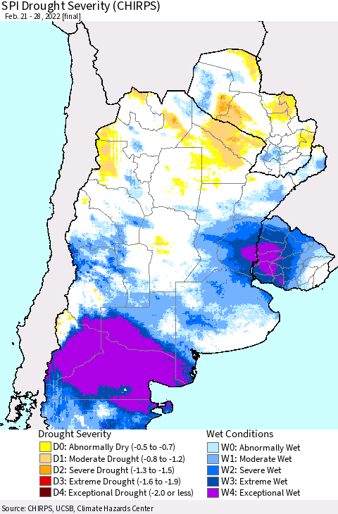 Southern South America SPI Drought Severity (CHIRPS) Thematic Map For 2/21/2022 - 2/28/2022