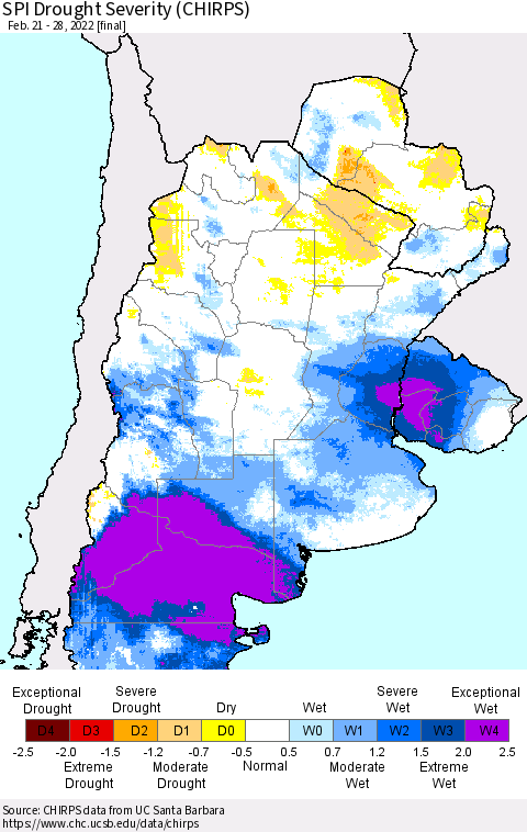 Southern South America SPI Drought Severity (CHIRPS) Thematic Map For 2/21/2022 - 2/28/2022