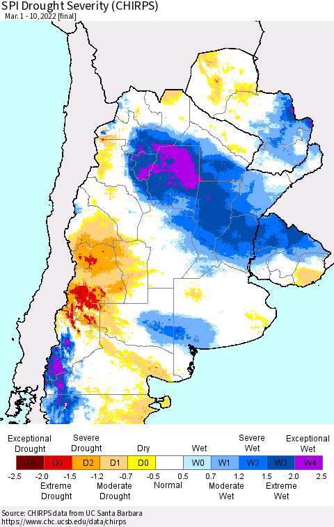 Southern South America SPI Drought Severity (CHIRPS) Thematic Map For 3/1/2022 - 3/10/2022