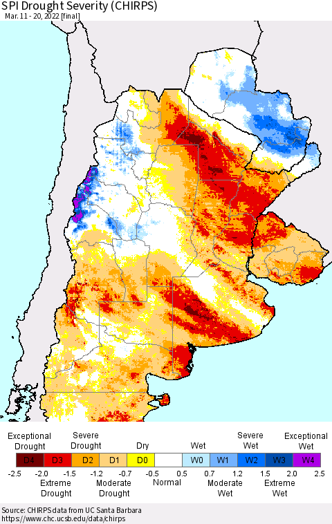 Southern South America SPI Drought Severity (CHIRPS) Thematic Map For 3/11/2022 - 3/20/2022
