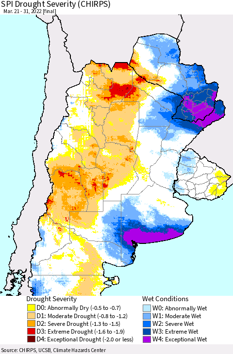 Southern South America SPI Drought Severity (CHIRPS) Thematic Map For 3/21/2022 - 3/31/2022