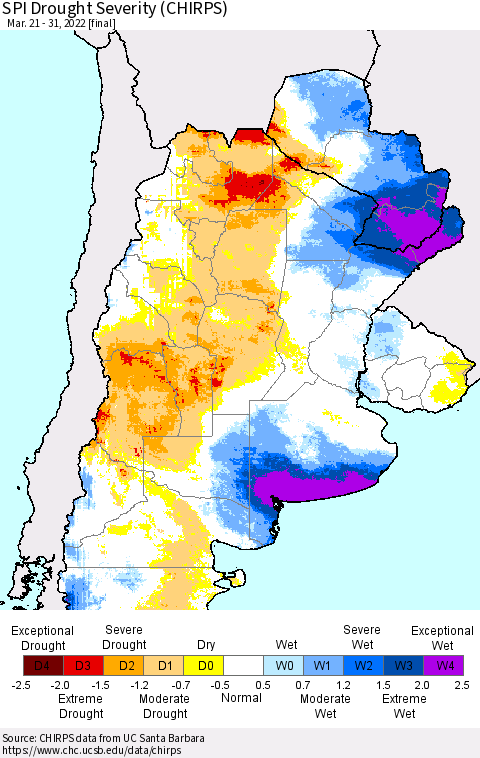 Southern South America SPI Drought Severity (CHIRPS) Thematic Map For 3/21/2022 - 3/31/2022