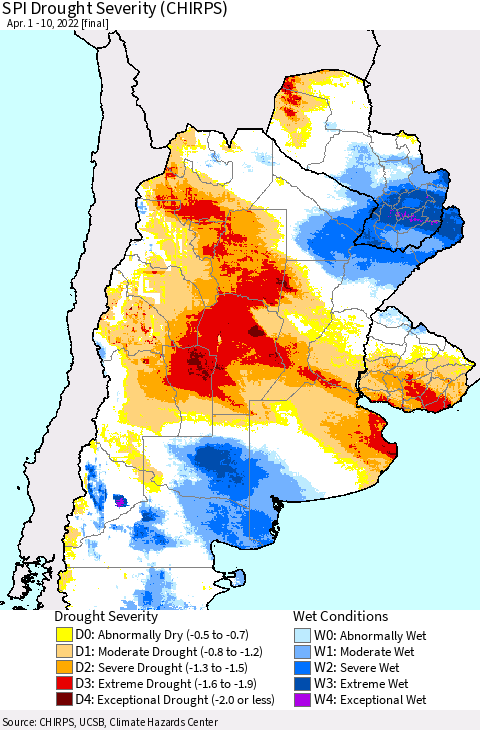 Southern South America SPI Drought Severity (CHIRPS) Thematic Map For 4/1/2022 - 4/10/2022