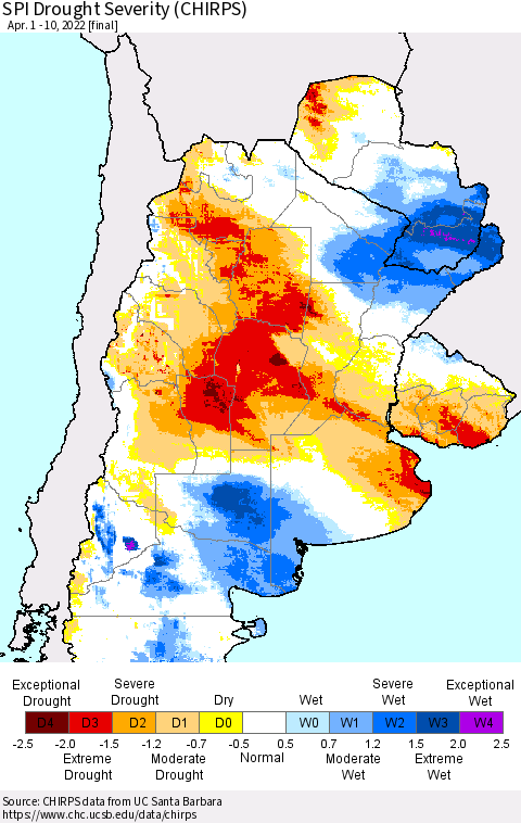 Southern South America SPI Drought Severity (CHIRPS) Thematic Map For 4/1/2022 - 4/10/2022