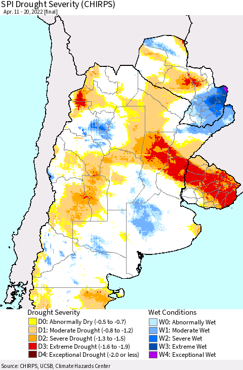 Southern South America SPI Drought Severity (CHIRPS) Thematic Map For 4/11/2022 - 4/20/2022