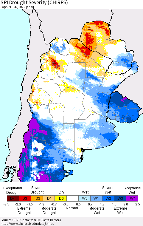 Southern South America SPI Drought Severity (CHIRPS) Thematic Map For 4/21/2022 - 4/30/2022