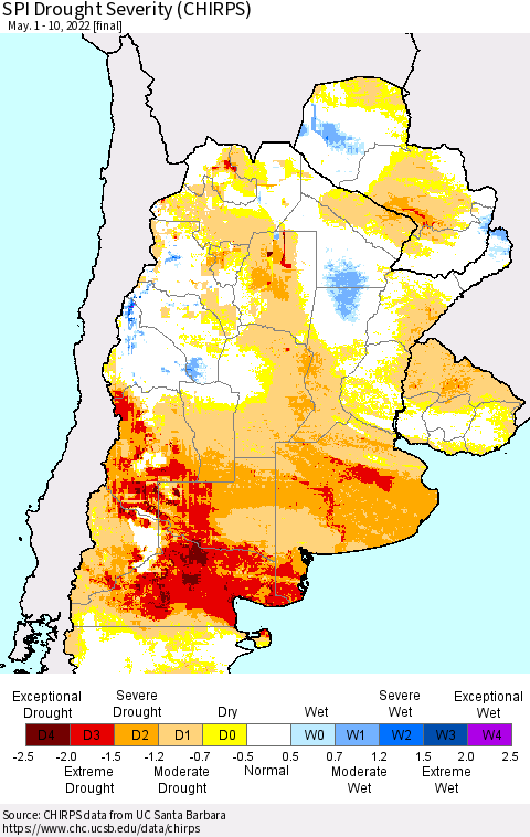 Southern South America SPI Drought Severity (CHIRPS) Thematic Map For 5/1/2022 - 5/10/2022