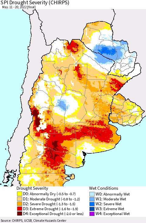 Southern South America SPI Drought Severity (CHIRPS) Thematic Map For 5/11/2022 - 5/20/2022
