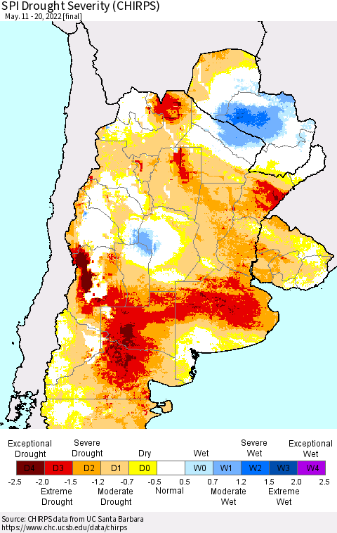 Southern South America SPI Drought Severity (CHIRPS) Thematic Map For 5/11/2022 - 5/20/2022