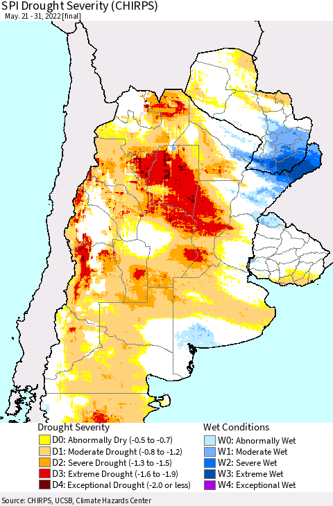 Southern South America SPI Drought Severity (CHIRPS) Thematic Map For 5/21/2022 - 5/31/2022