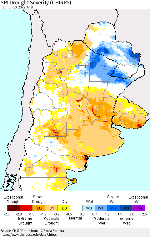 Southern South America SPI Drought Severity (CHIRPS) Thematic Map For 6/1/2022 - 6/10/2022
