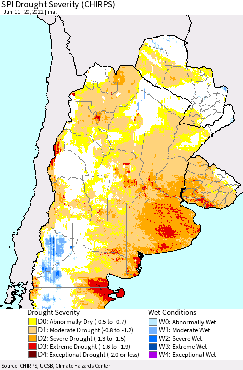 Southern South America SPI Drought Severity (CHIRPS) Thematic Map For 6/11/2022 - 6/20/2022