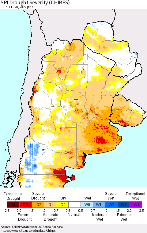 Southern South America SPI Drought Severity (CHIRPS) Thematic Map For 6/11/2022 - 6/20/2022