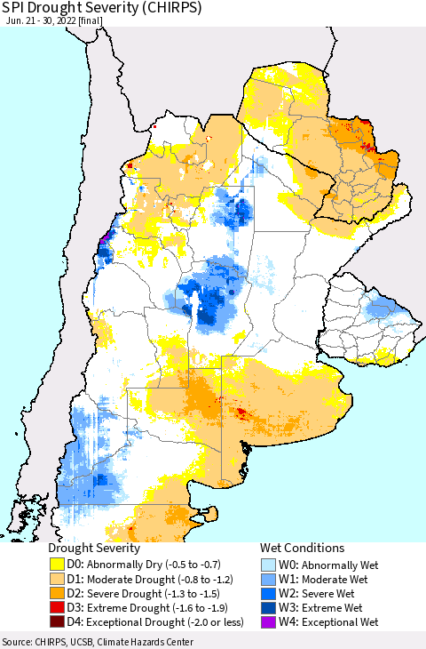 Southern South America SPI Drought Severity (CHIRPS) Thematic Map For 6/21/2022 - 6/30/2022