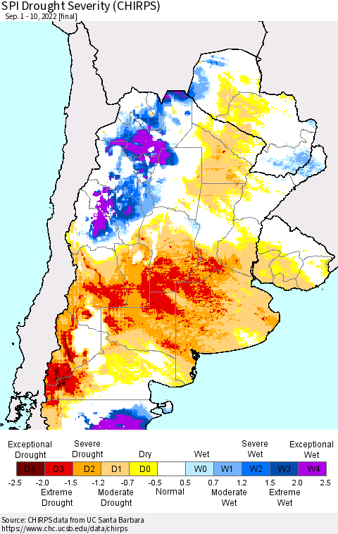 Southern South America SPI Drought Severity (CHIRPS) Thematic Map For 9/1/2022 - 9/10/2022
