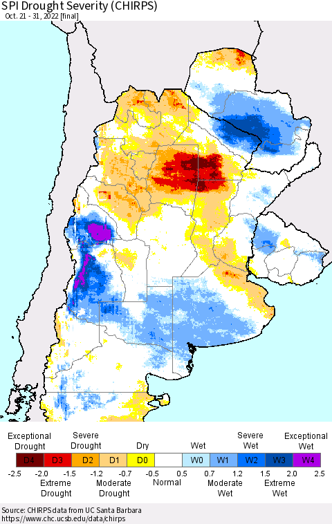 Southern South America SPI Drought Severity (CHIRPS) Thematic Map For 10/21/2022 - 10/31/2022