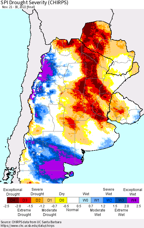 Southern South America SPI Drought Severity (CHIRPS) Thematic Map For 11/21/2022 - 11/30/2022