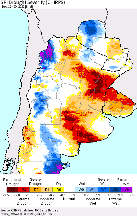 Southern South America SPI Drought Severity (CHIRPS) Thematic Map For 12/11/2022 - 12/20/2022