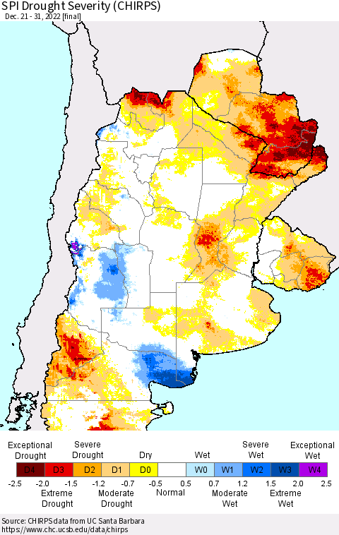 Southern South America SPI Drought Severity (CHIRPS) Thematic Map For 12/21/2022 - 12/31/2022