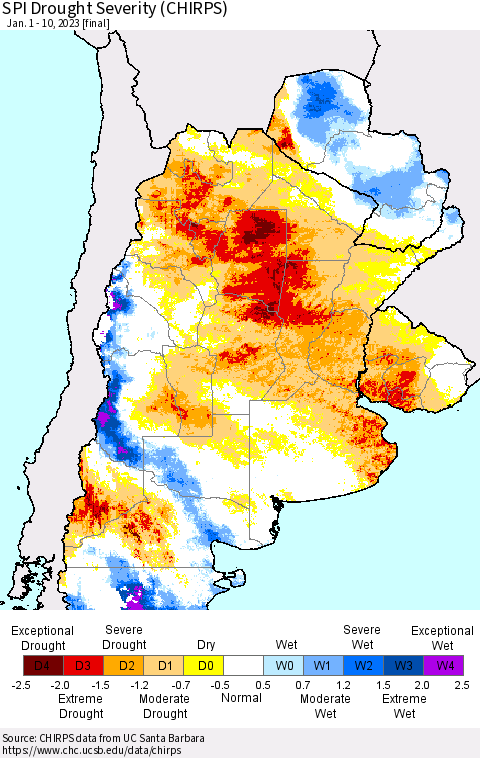 Southern South America SPI Drought Severity (CHIRPS) Thematic Map For 1/1/2023 - 1/10/2023