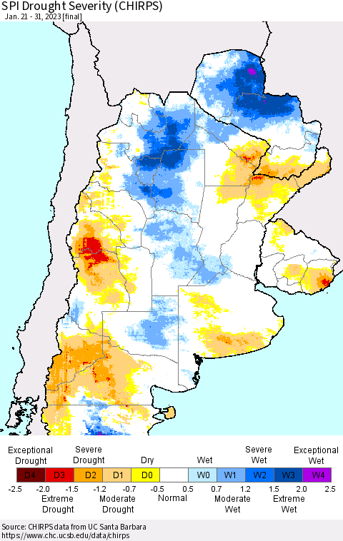 Southern South America SPI Drought Severity (CHIRPS) Thematic Map For 1/21/2023 - 1/31/2023