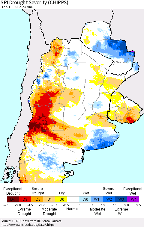 Southern South America SPI Drought Severity (CHIRPS) Thematic Map For 2/11/2023 - 2/20/2023