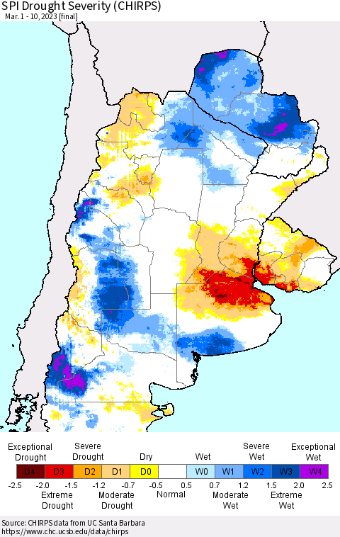 Southern South America SPI Drought Severity (CHIRPS) Thematic Map For 3/1/2023 - 3/10/2023