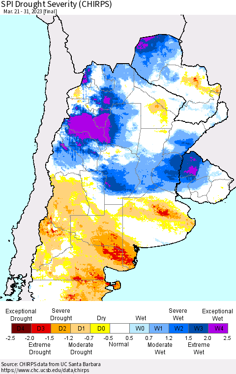 Southern South America SPI Drought Severity (CHIRPS) Thematic Map For 3/21/2023 - 3/31/2023