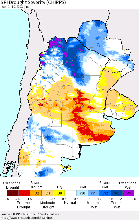 Southern South America SPI Drought Severity (CHIRPS) Thematic Map For 4/1/2023 - 4/10/2023