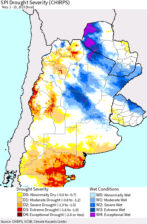 Southern South America SPI Drought Severity (CHIRPS) Thematic Map For 5/1/2023 - 5/10/2023