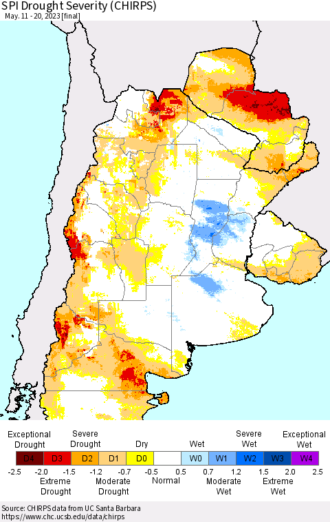 Southern South America SPI Drought Severity (CHIRPS) Thematic Map For 5/11/2023 - 5/20/2023