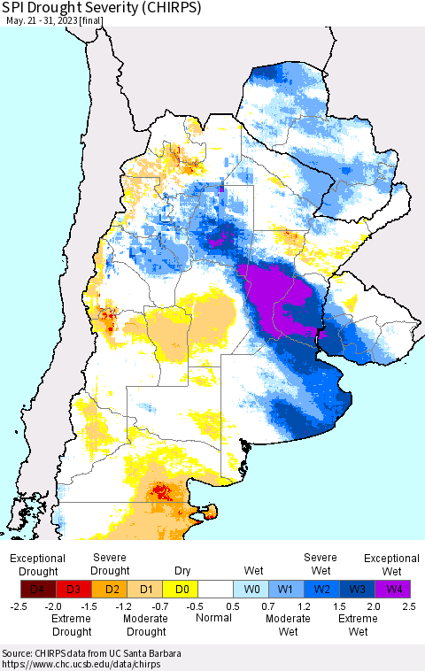 Southern South America SPI Drought Severity (CHIRPS) Thematic Map For 5/21/2023 - 5/31/2023