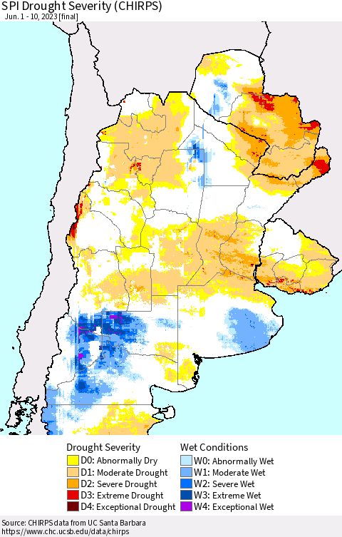 Southern South America SPI Drought Severity (CHIRPS) Thematic Map For 6/1/2023 - 6/10/2023