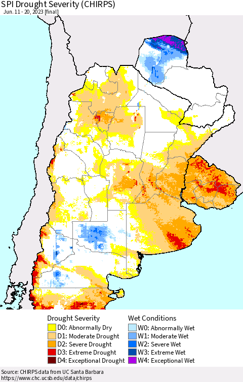 Southern South America SPI Drought Severity (CHIRPS) Thematic Map For 6/11/2023 - 6/20/2023