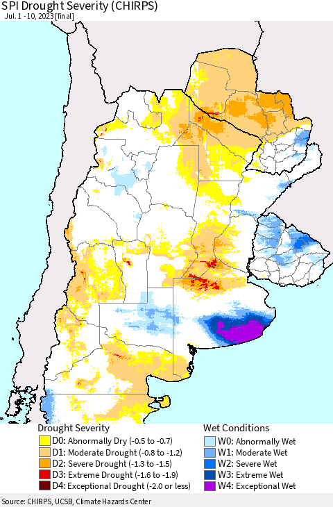 Southern South America SPI Drought Severity (CHIRPS) Thematic Map For 7/1/2023 - 7/10/2023