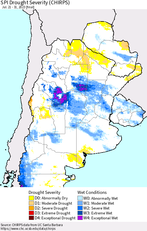Southern South America SPI Drought Severity (CHIRPS) Thematic Map For 7/21/2023 - 7/31/2023