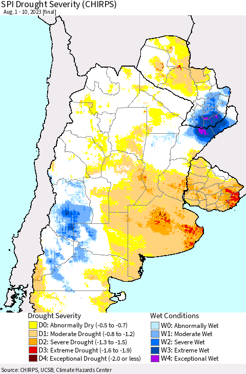 Southern South America SPI Drought Severity (CHIRPS) Thematic Map For 8/1/2023 - 8/10/2023