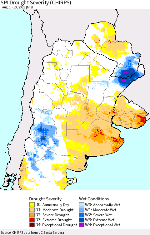 Southern South America SPI Drought Severity (CHIRPS) Thematic Map For 8/1/2023 - 8/10/2023