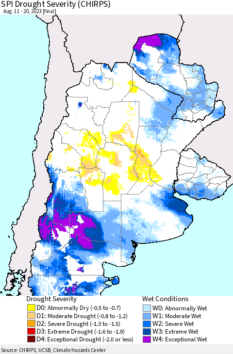Southern South America SPI Drought Severity (CHIRPS) Thematic Map For 8/11/2023 - 8/20/2023